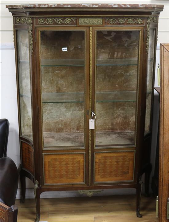 A Louis XVI style parquetry inlaid marble top vitrine W.116cm